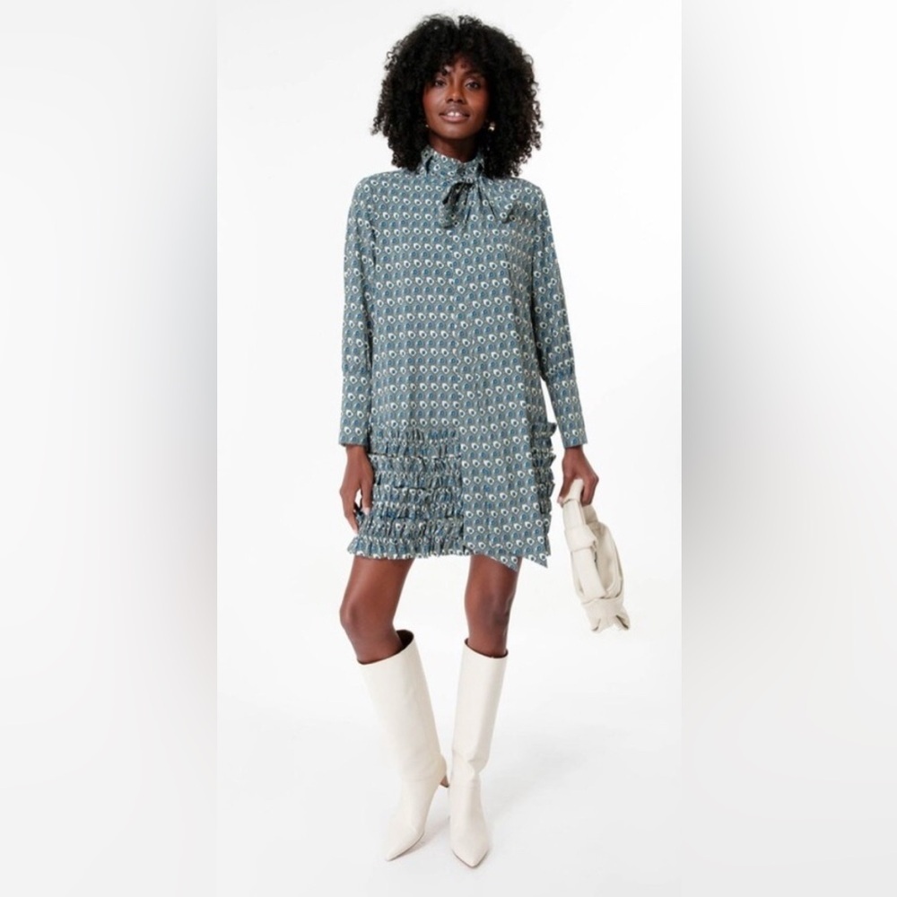 NEW Tuckernuck | Celia Mini Dress with Bow Ruffles Geometric Blue Sz M
